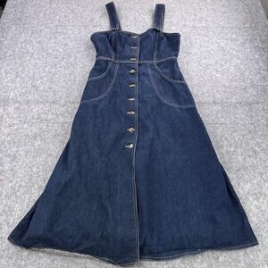 Vintage Kumar Bros Dress Womens 11/12 Blue Denim Button Front Pinafore Midi 90s